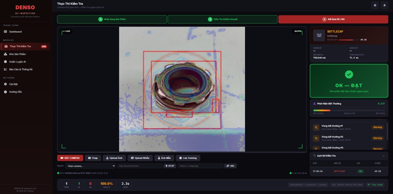 QC Inspection — Giao diện thực thi kiểm tra real-time với camera live và AI inference
