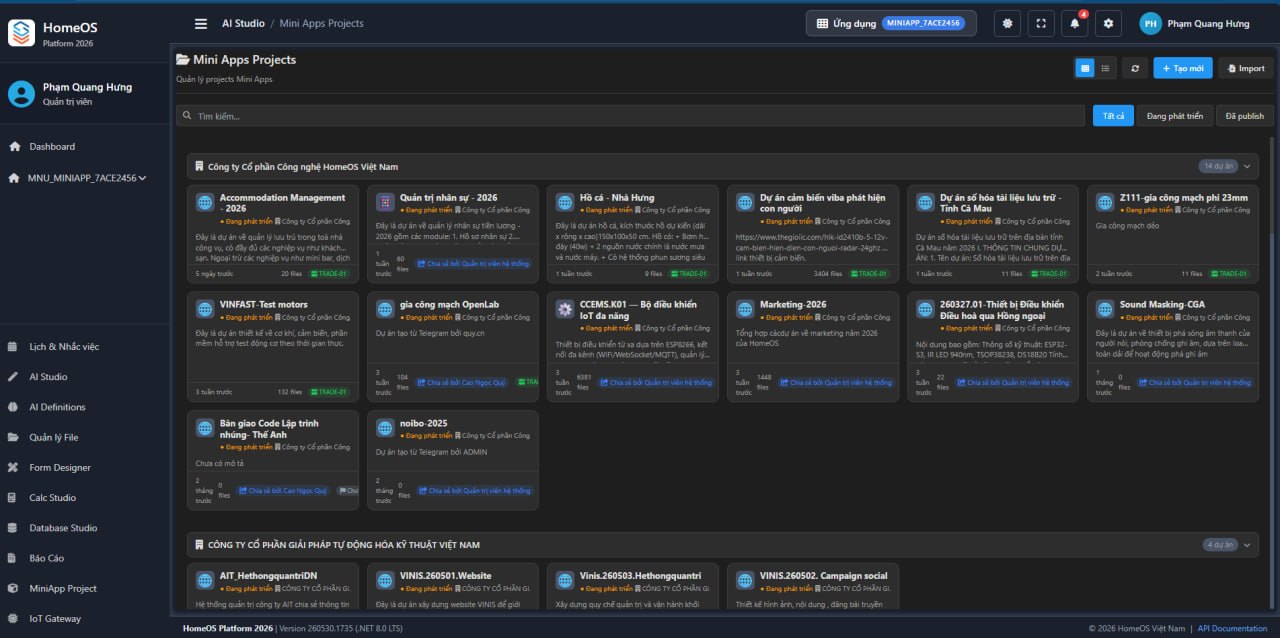 HomeOS Platform — Mini Apps Projects: quản lý 14+ dự án MiniApp, dashboard tổng quan