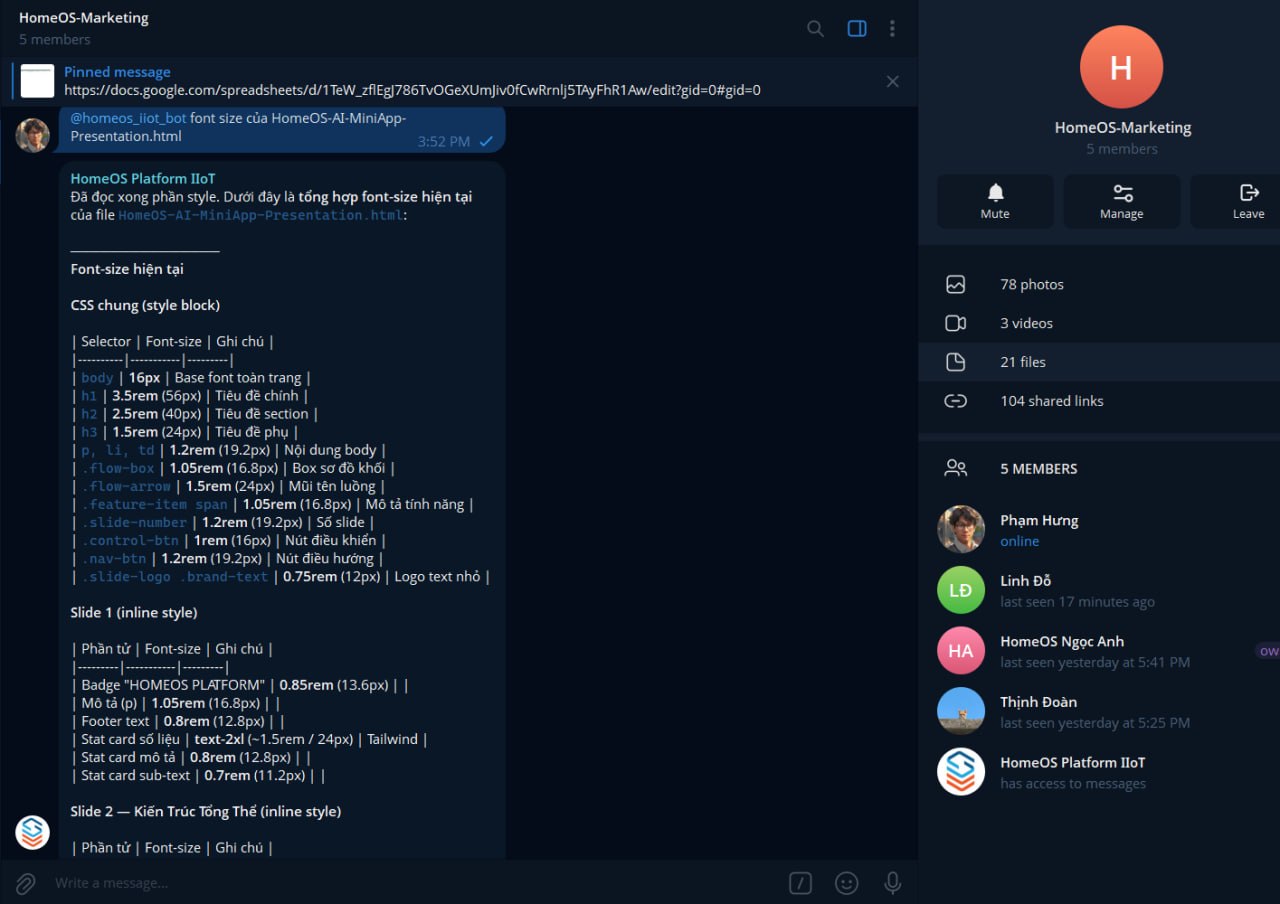 Telegram Bot HomeOS — AI phản hồi tự động trong nhóm chat, hỗ trợ Markdown, ảnh, file